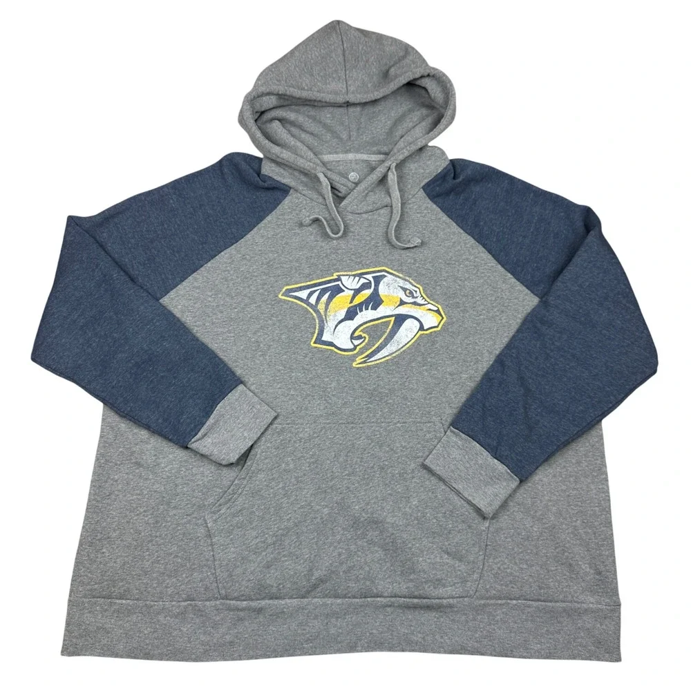 Fanatics Nashville Predators NHL Hoodie Mens 2XL Grey Blue Raglan Pullover Logo